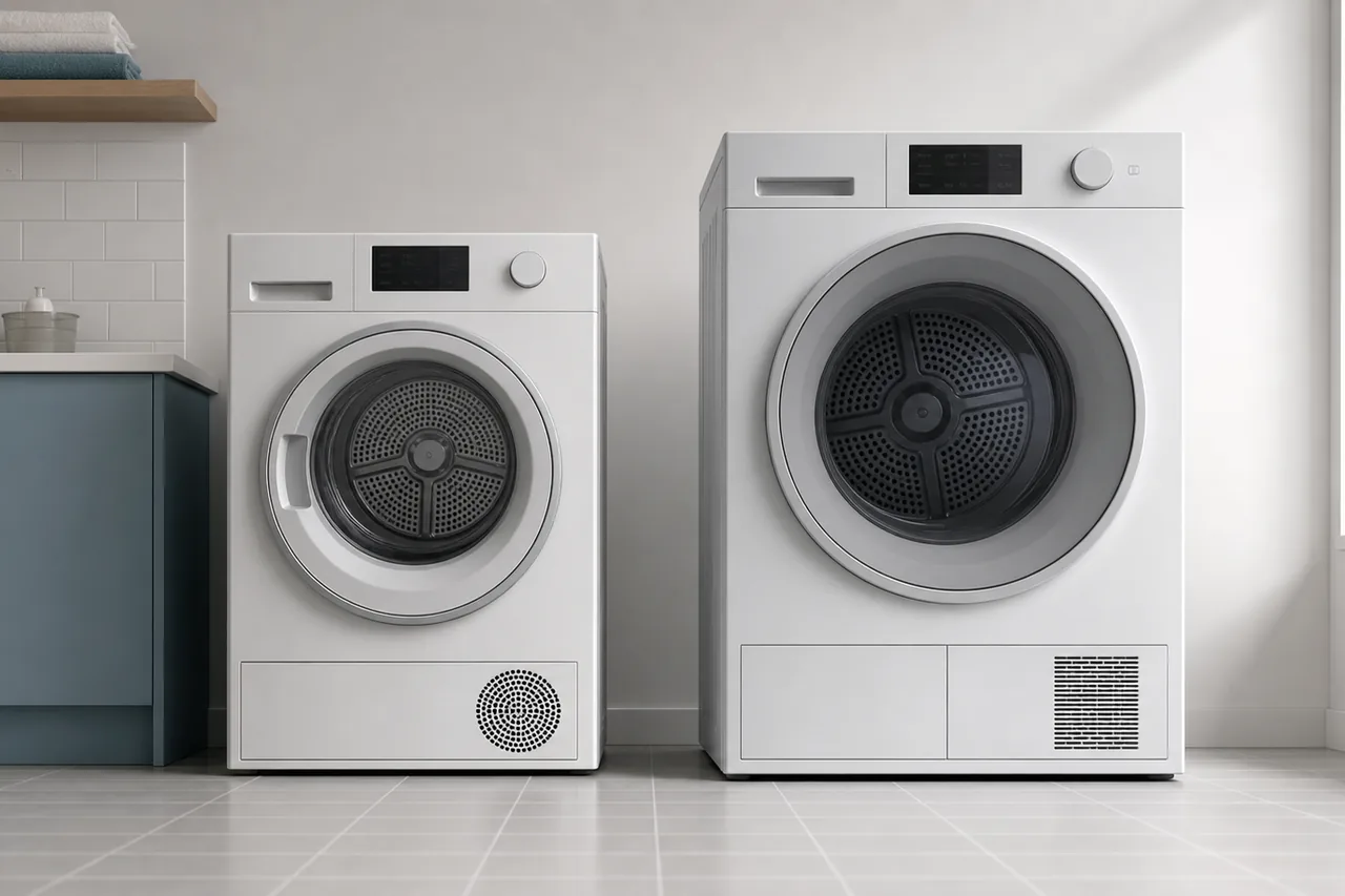 Two tumble dryers shown side by side for size comparison