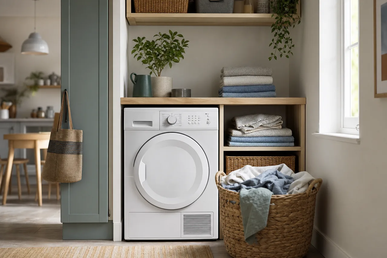 Tumble dryer fitted into a practical UK home laundry space